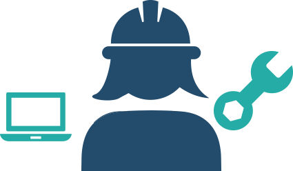 Icon with human figure wearing a safety helmet and a wrench and a laptop on either side