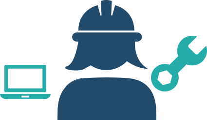 Icon of human figure wearing a safety helmet with a wrench and a laptop on either side