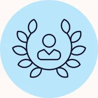Line icon of a person at the centre of a light blue circle, surrounded by leaf shapes, representing ethical values at Total People.