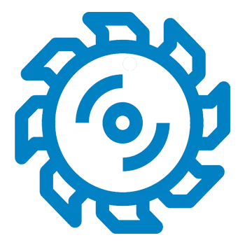 Icon with blue outline of a mechanical gear