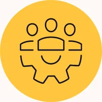 Line icon of three people above a cog at the centre of a yellow circle, representing innovative values at Total People.