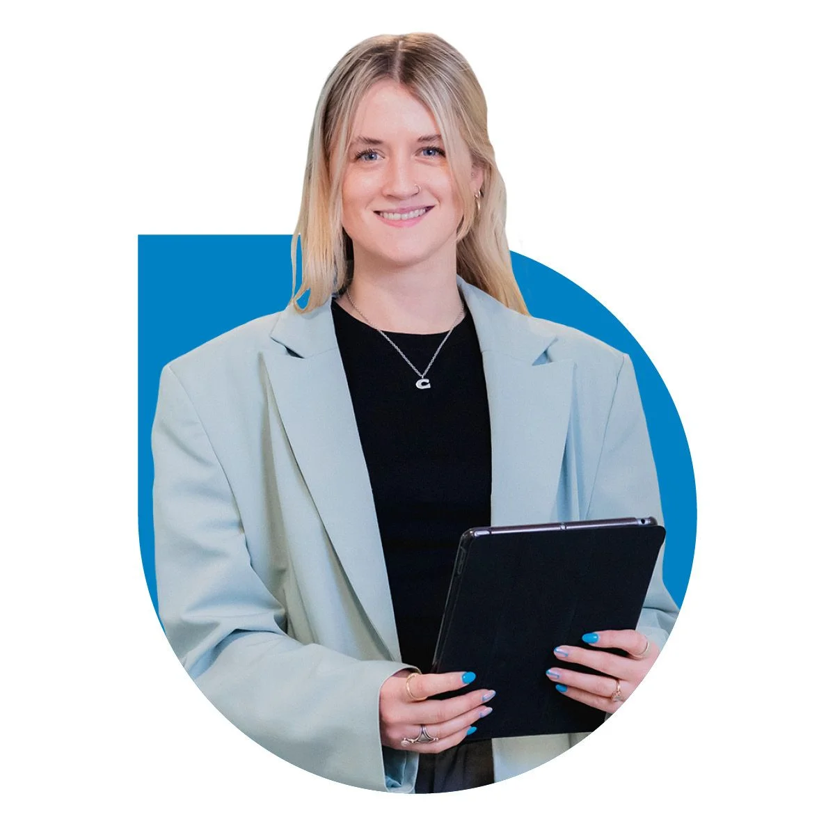 Total People learner holding a tablet device, wearing a blazer over a dark top, photographed against a white background with a blue graphic shape behind them.