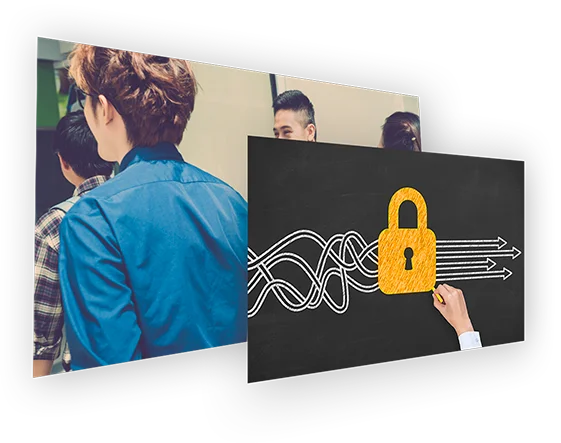 Composite image showing a group of people and a padlock symbol with tangled lines transforming into straight arrows.