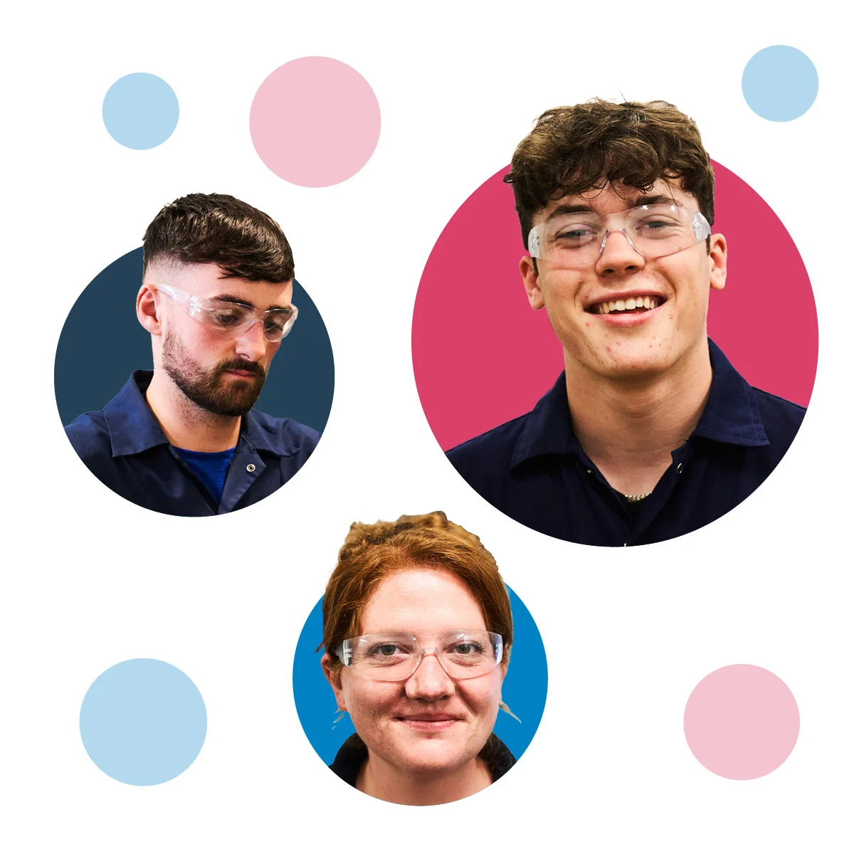 three people with glasses on smiling in a bubble