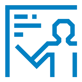 Icon with blue outline of a person giving a presentation