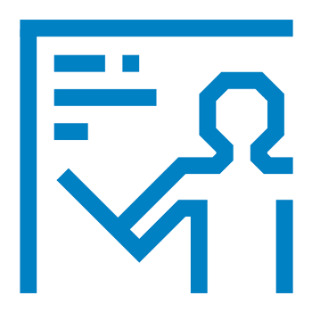 Icon with blue outline of a person giving a presentation