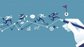 An abstract image of someone drawing employees running towards a goal
