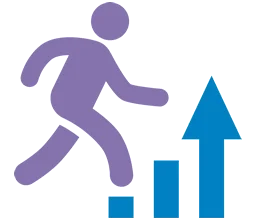 Icon with outline of human figure stepping on a graph bar chart