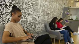 Apprentices sat on sofas working on laptops.