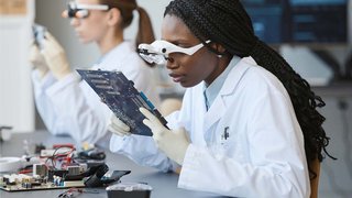 Two women in lab coats and goggles are at a work station inspecting pieces of equipment.