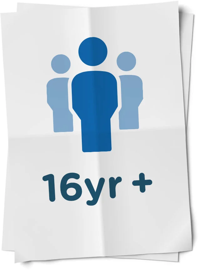 Leaflet with three people icons and the text "16yr+".